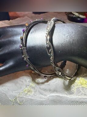 Vintage Gothic Twisted Metal and Jeweled Bangle Bracelet set